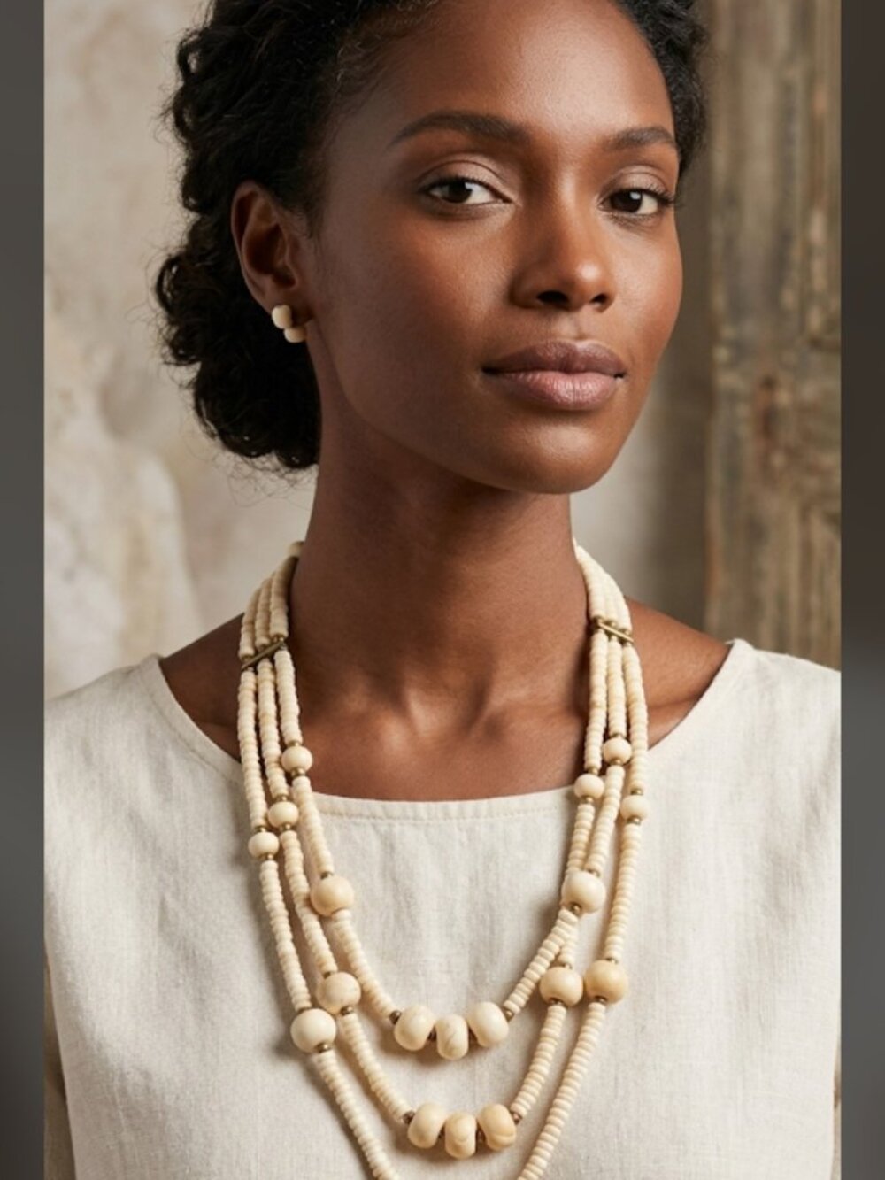 Vintage Multi-Strand Bovine Bone Bead Necklace, Gold-Toned Spacer Beads